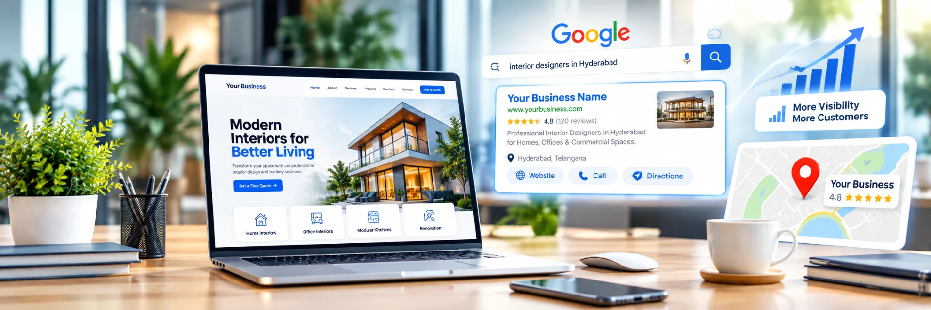 Website, Google search visibility and local map working together for business growth