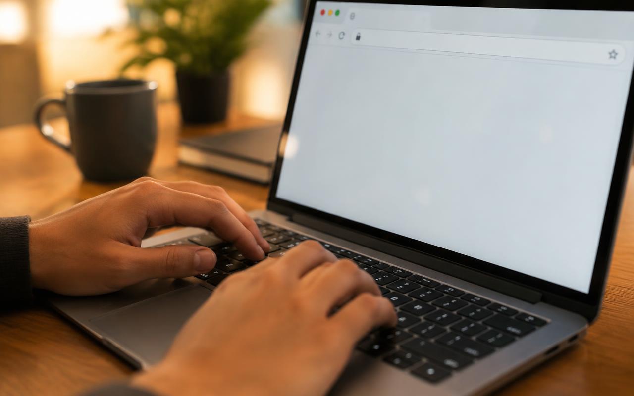 Business owner typing their new website address on a laptop